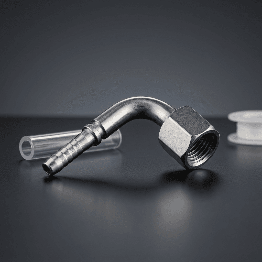 Female 90 degree elbow fitting with hex swivel nut and serrated shank