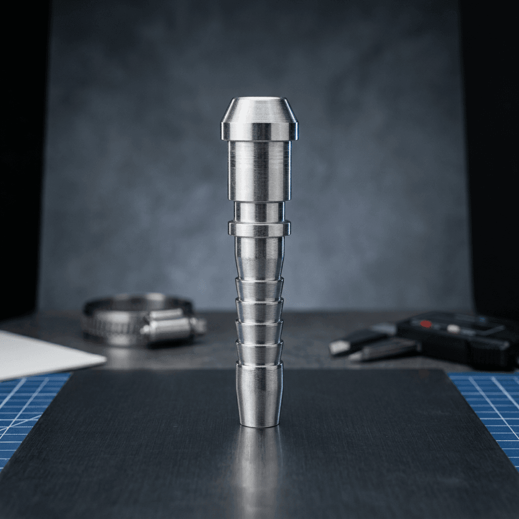 Male hose-end fitting with serrated shank, standing upright on the bench
